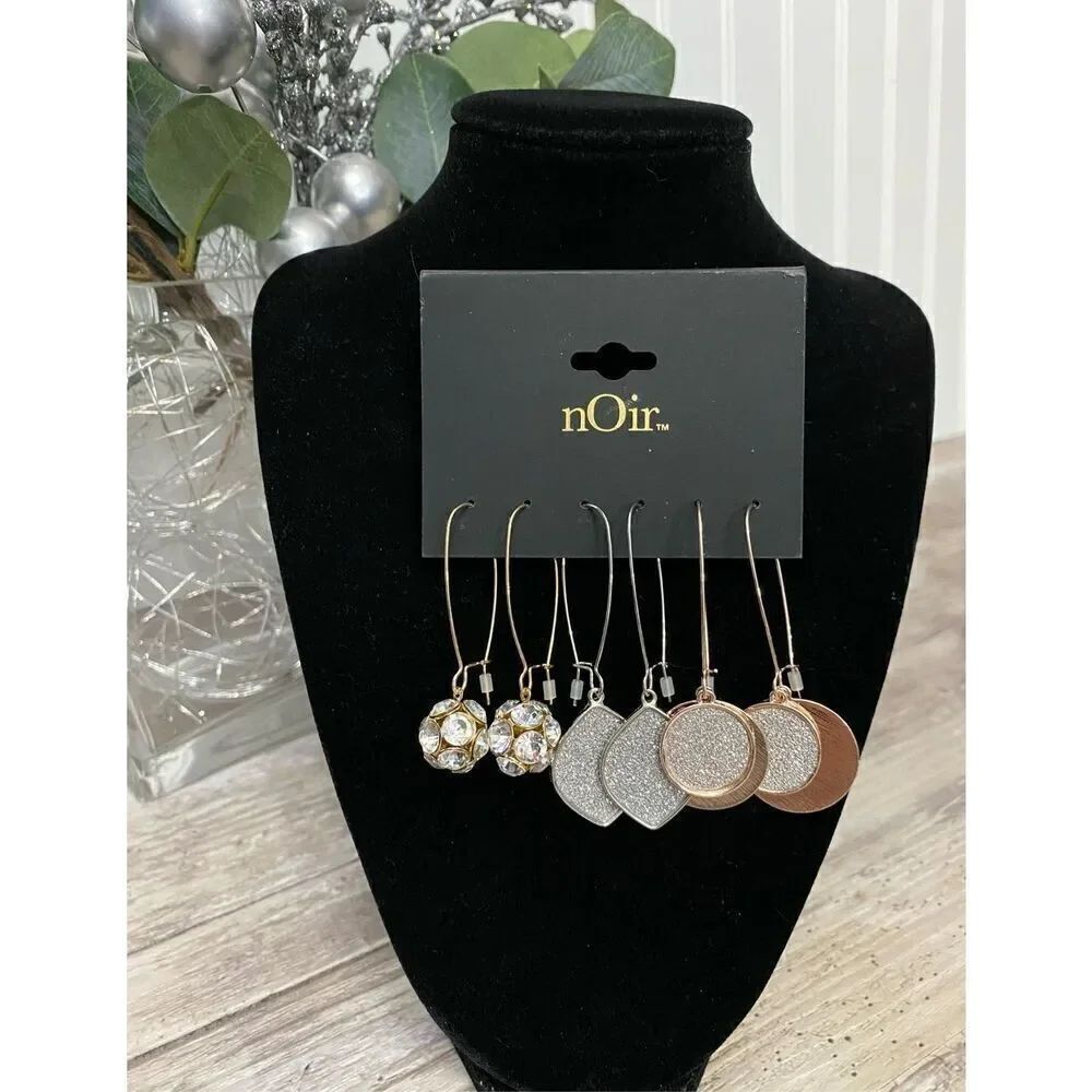 nOir Jewelry Gold Silver Rose Earrings Set of 3